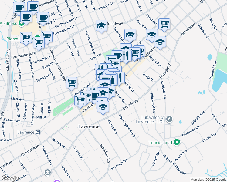 map of restaurants, bars, coffee shops, grocery stores, and more near 416 Central Avenue in Cedarhurst