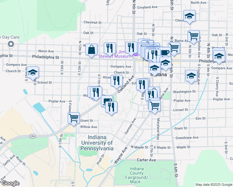 map of restaurants, bars, coffee shops, grocery stores, and more near 955 Oakland Avenue in Indiana