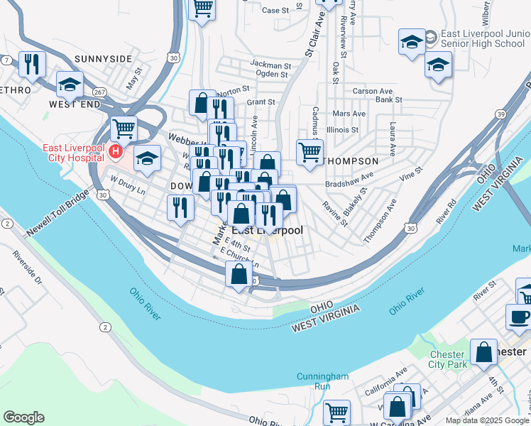 map of restaurants, bars, coffee shops, grocery stores, and more near 530 Broadway Street in East Liverpool