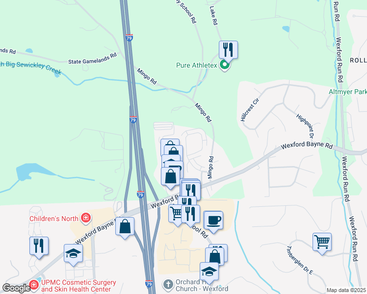 map of restaurants, bars, coffee shops, grocery stores, and more near 331 Marshall Heights Drive in Wexford