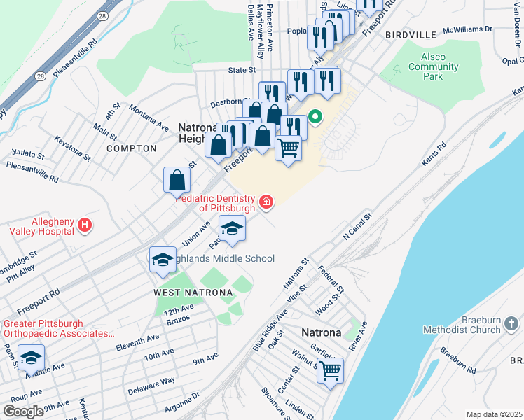 map of restaurants, bars, coffee shops, grocery stores, and more near 800 Montana Avenue in Natrona Heights