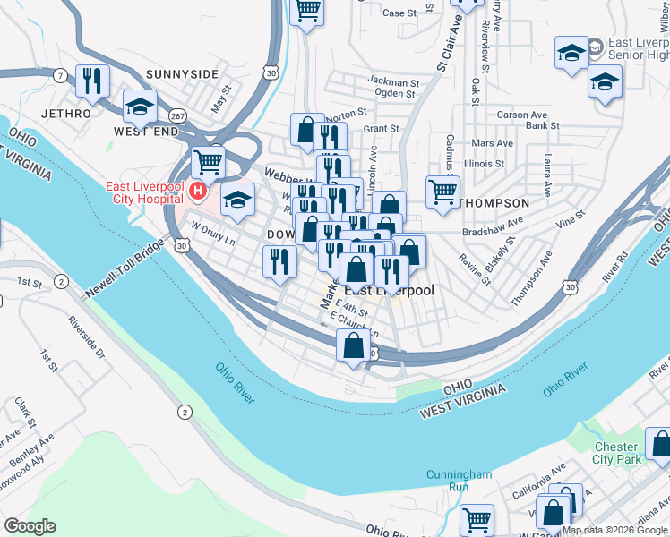 map of restaurants, bars, coffee shops, grocery stores, and more near 110 West 6th Street in East Liverpool