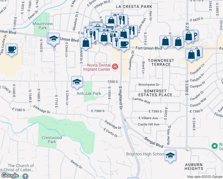 map of restaurants, bars, coffee shops, grocery stores, and more near 7247 South 1950 East in Cottonwood Heights