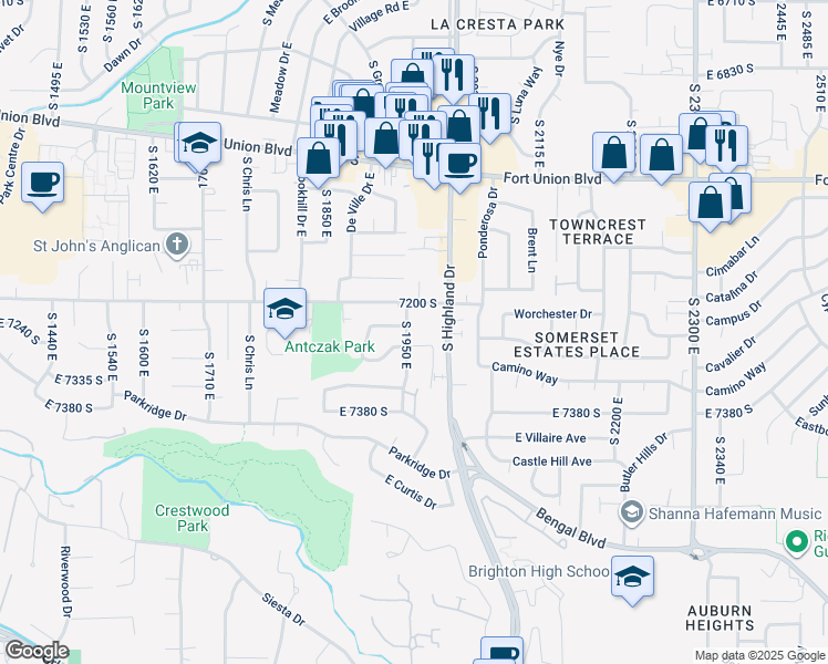 map of restaurants, bars, coffee shops, grocery stores, and more near 7249 South 1950 East in Cottonwood Heights