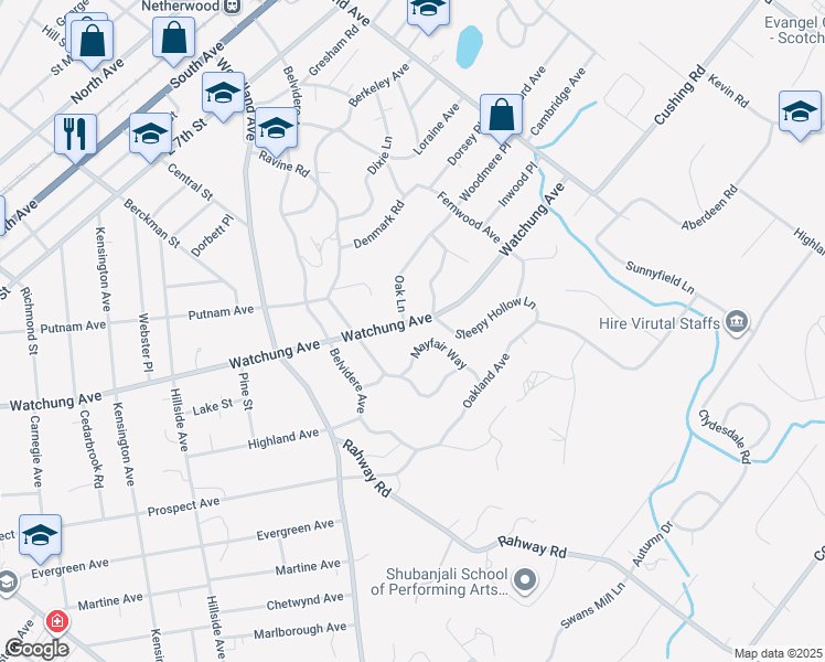map of restaurants, bars, coffee shops, grocery stores, and more near 1001 Oak Lane in Plainfield