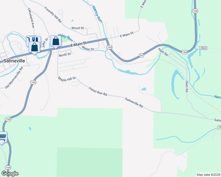 map of restaurants, bars, coffee shops, grocery stores, and more near 23A Maple Hill Road in Salineville