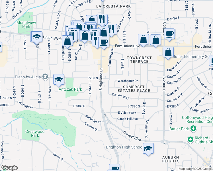 map of restaurants, bars, coffee shops, grocery stores, and more near 7217 South Highland Drive in Cottonwood Heights