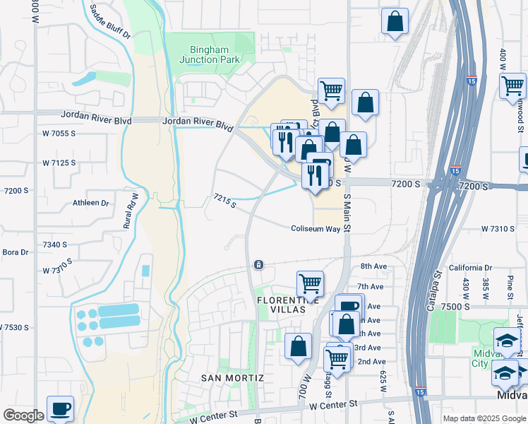 map of restaurants, bars, coffee shops, grocery stores, and more near Bingham Junction Boulevard in Midvale