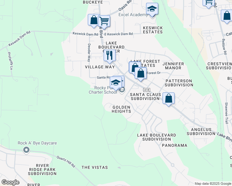 map of restaurants, bars, coffee shops, grocery stores, and more near 3465 Santa Rosa Way in Redding