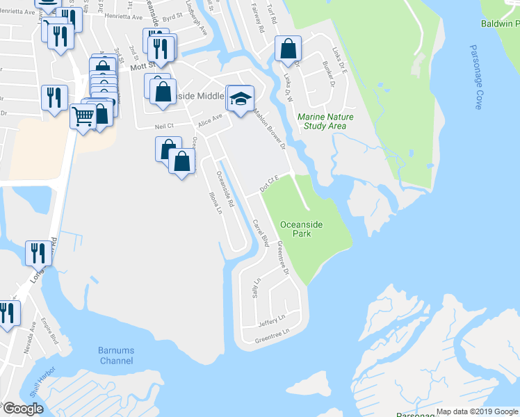 map of restaurants, bars, coffee shops, grocery stores, and more near 3670 Oceanside Road in Oceanside