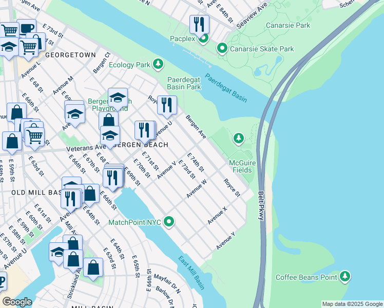 map of restaurants, bars, coffee shops, grocery stores, and more near 7409 Avenue V in Brooklyn