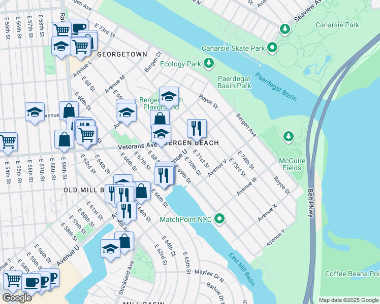 map of restaurants, bars, coffee shops, grocery stores, and more near 7007 Avenue U in Brooklyn