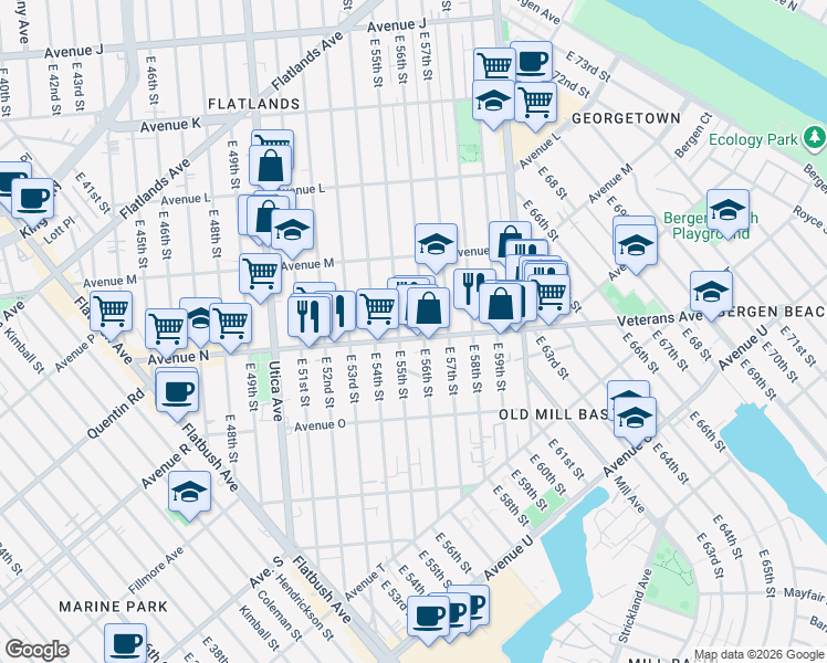 map of restaurants, bars, coffee shops, grocery stores, and more near 1460 East 56th Street in Brooklyn