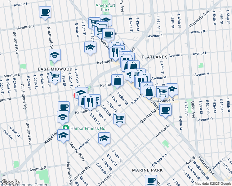 map of restaurants, bars, coffee shops, grocery stores, and more near 1396 East 38th Street in Brooklyn