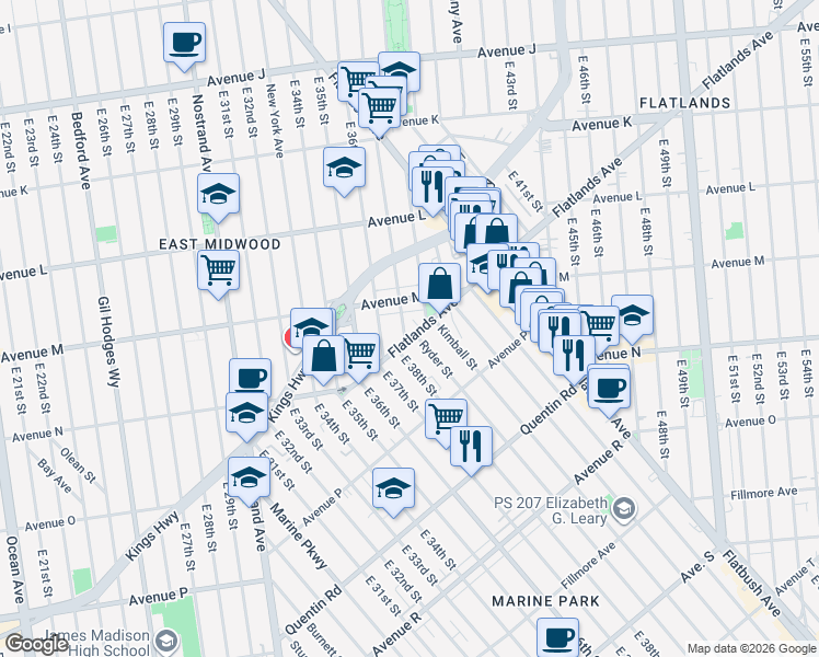 map of restaurants, bars, coffee shops, grocery stores, and more near 1396 East 38th Street in Brooklyn