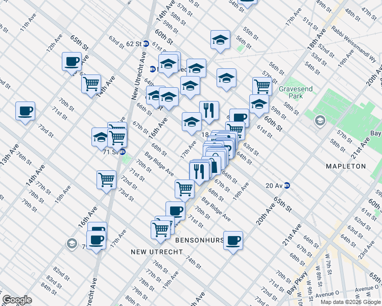 map of restaurants, bars, coffee shops, grocery stores, and more near 6602 17th Avenue in Brooklyn