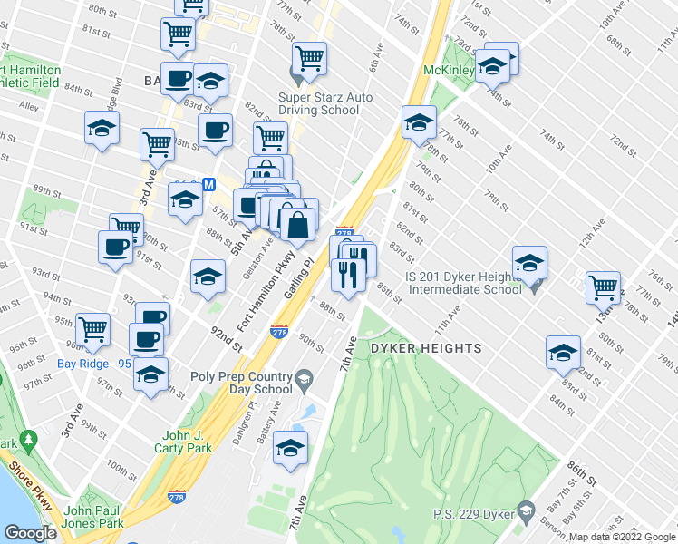 map of restaurants, bars, coffee shops, grocery stores, and more near 661 85th Street in Brooklyn