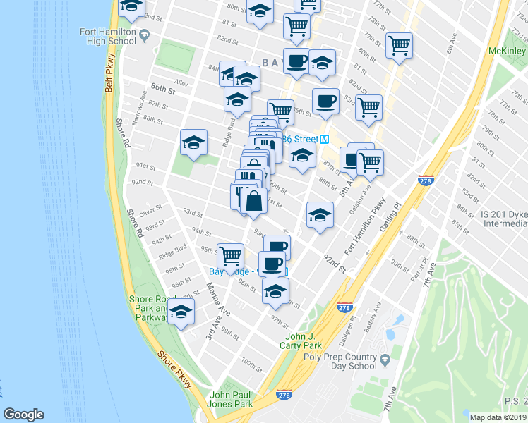 map of restaurants, bars, coffee shops, grocery stores, and more near 290 91st Street in Brooklyn