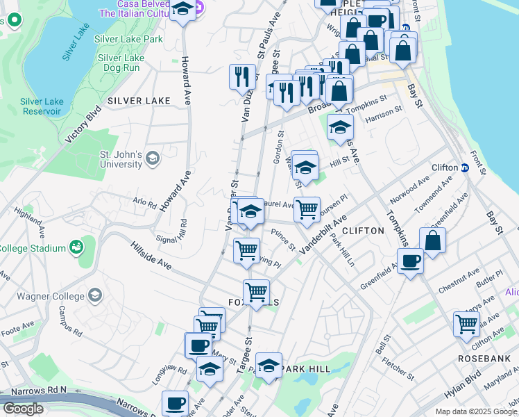 map of restaurants, bars, coffee shops, grocery stores, and more near 291 Gordon Street in Staten Island