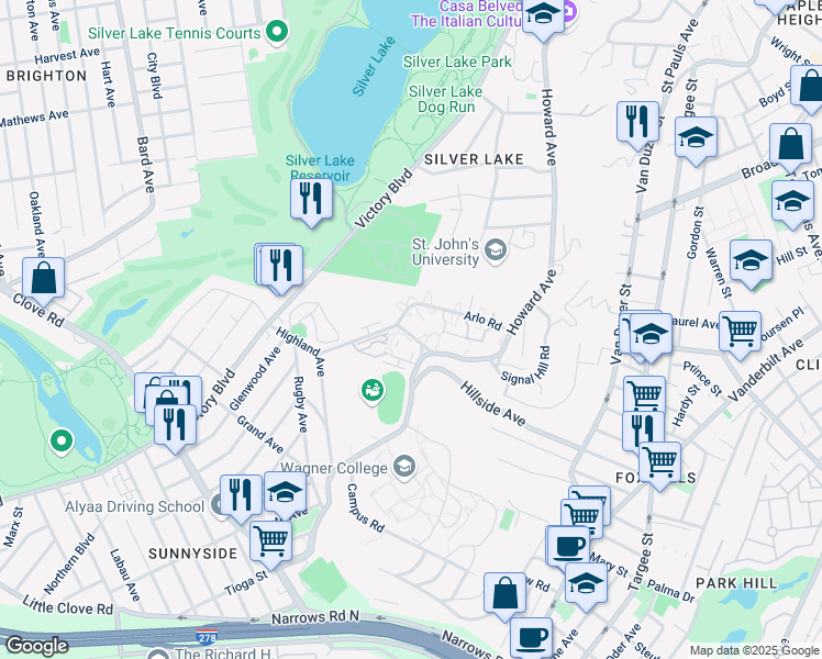 map of restaurants, bars, coffee shops, grocery stores, and more near 110 Arlo Road in Staten Island