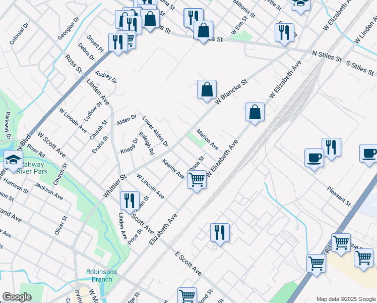 map of restaurants, bars, coffee shops, grocery stores, and more near 242 Bradford Avenue in Linden