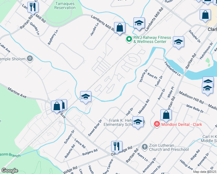 map of restaurants, bars, coffee shops, grocery stores, and more near 34 Burnham Court in Scotch Plains