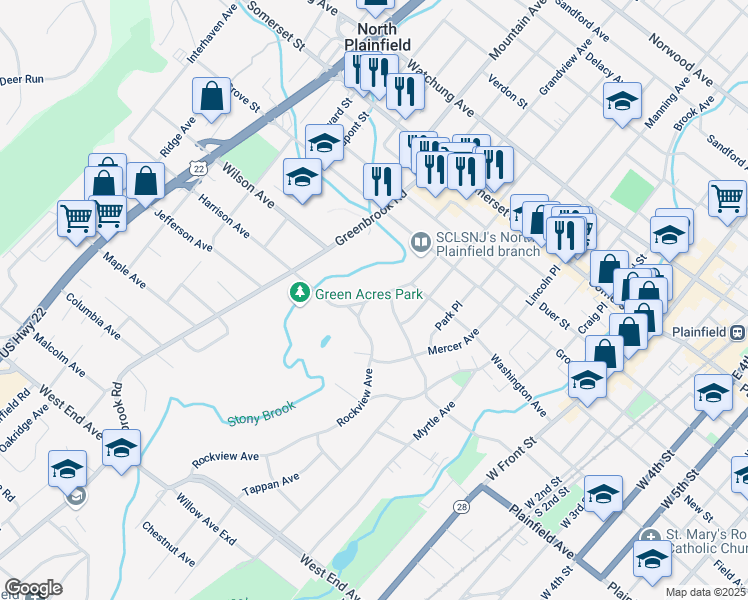 map of restaurants, bars, coffee shops, grocery stores, and more near 34 Rockview Avenue in North Plainfield