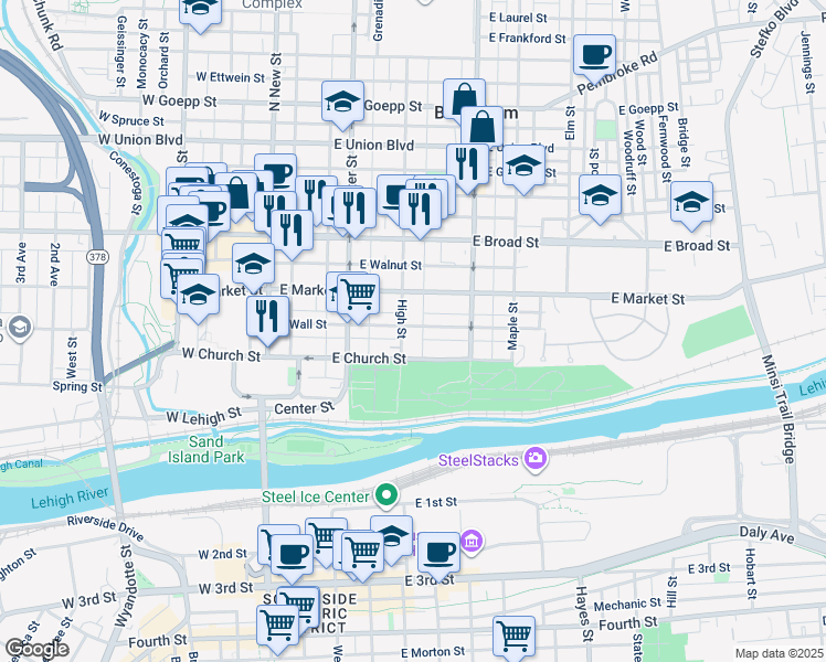 map of restaurants, bars, coffee shops, grocery stores, and more near 445 High Street in Bethlehem