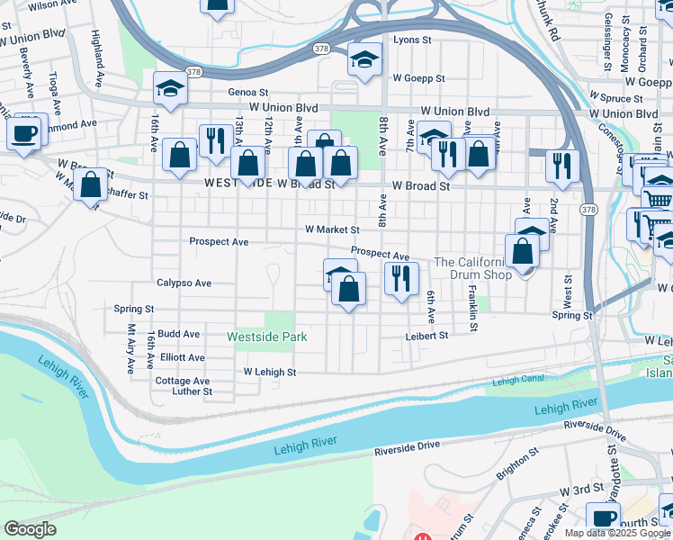 map of restaurants, bars, coffee shops, grocery stores, and more near 1019 Prospect Avenue in Bethlehem