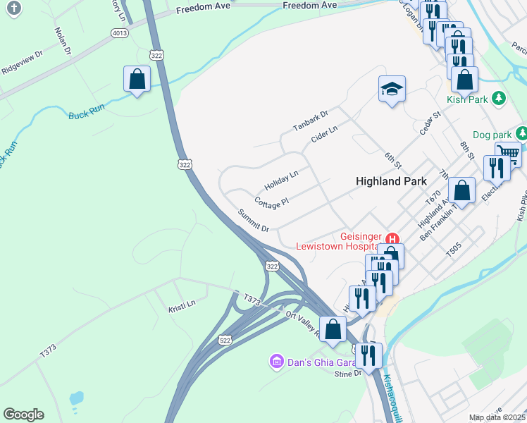 map of restaurants, bars, coffee shops, grocery stores, and more near 353 Cottage Place in Lewistown