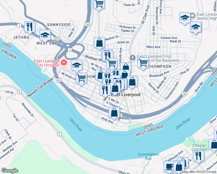 map of restaurants, bars, coffee shops, grocery stores, and more near 110 West 6th Street in East Liverpool