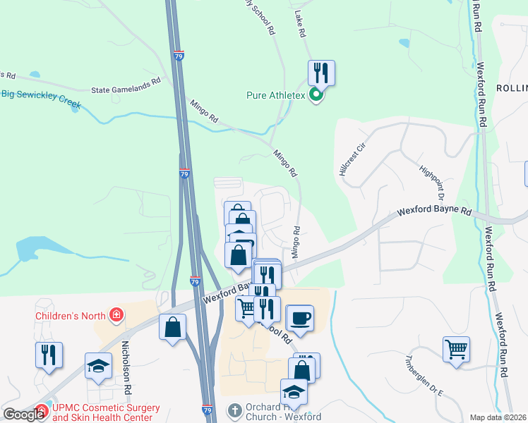 map of restaurants, bars, coffee shops, grocery stores, and more near 334 Marshall Heights Drive in Wexford