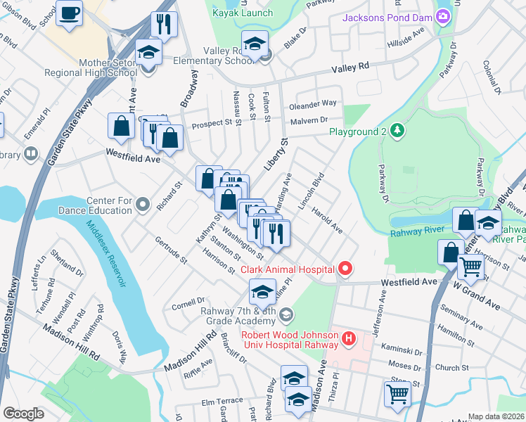 map of restaurants, bars, coffee shops, grocery stores, and more near 70 Broadway in Clark