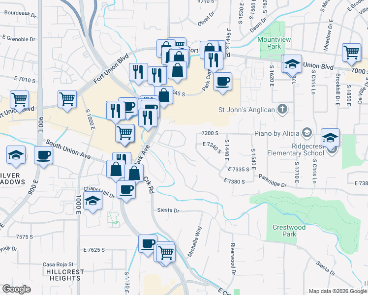 map of restaurants, bars, coffee shops, grocery stores, and more near 1257 Shadow Ridge Drive in Midvale