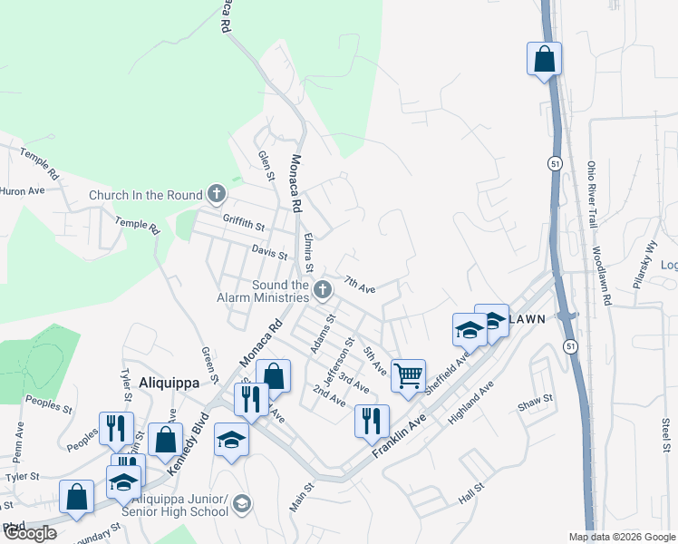 map of restaurants, bars, coffee shops, grocery stores, and more near 540 Washington Street in Aliquippa