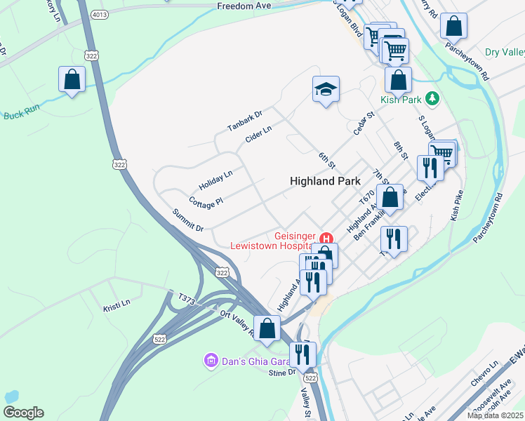 map of restaurants, bars, coffee shops, grocery stores, and more near 323 3rd Street in Lewistown