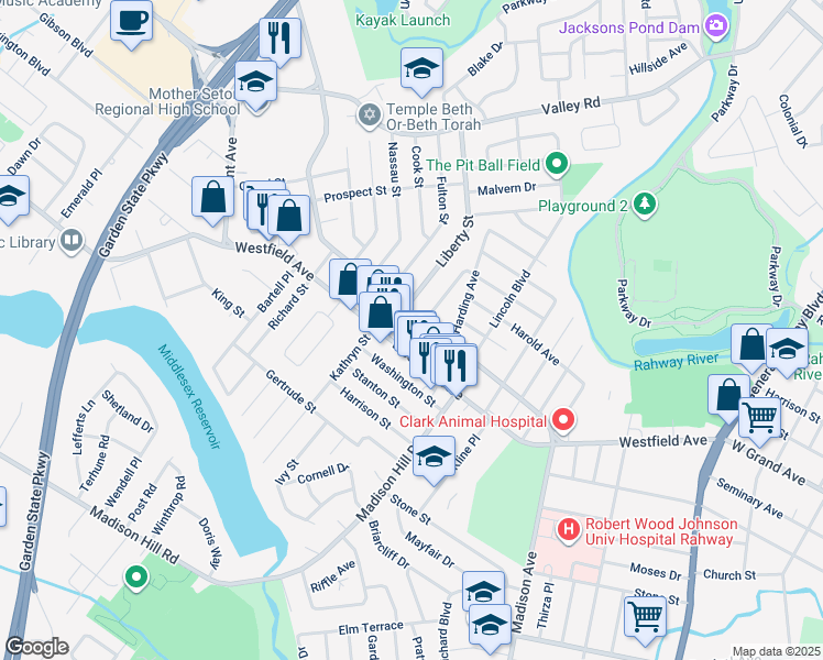 map of restaurants, bars, coffee shops, grocery stores, and more near 70 Broadway in Clark