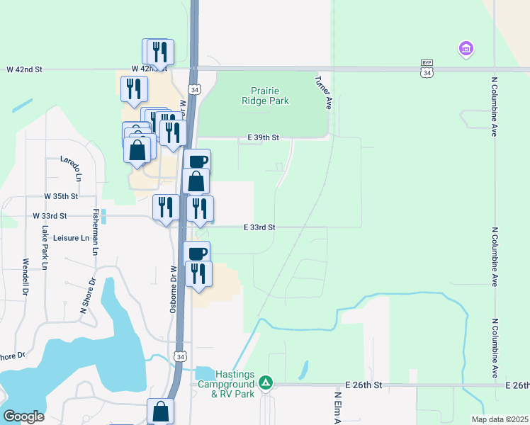 map of restaurants, bars, coffee shops, grocery stores, and more near 3307 Yost Avenue in Hastings