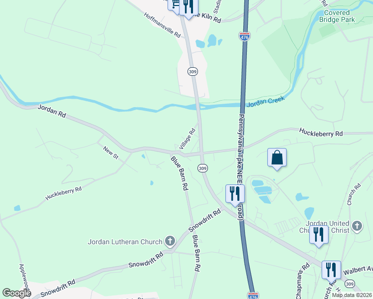 map of restaurants, bars, coffee shops, grocery stores, and more near 2219 Village Road in Lehigh County