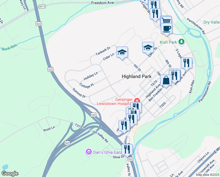 map of restaurants, bars, coffee shops, grocery stores, and more near 323 3rd Street in Lewistown