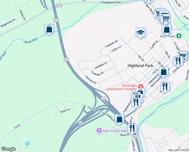 map of restaurants, bars, coffee shops, grocery stores, and more near 353 Cottage Place in Lewistown