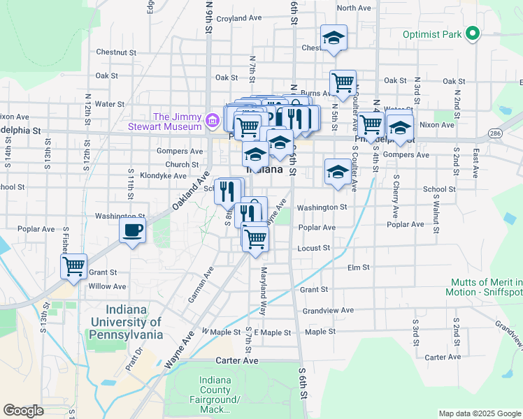 map of restaurants, bars, coffee shops, grocery stores, and more near 225 South Carpenter Avenue in Indiana