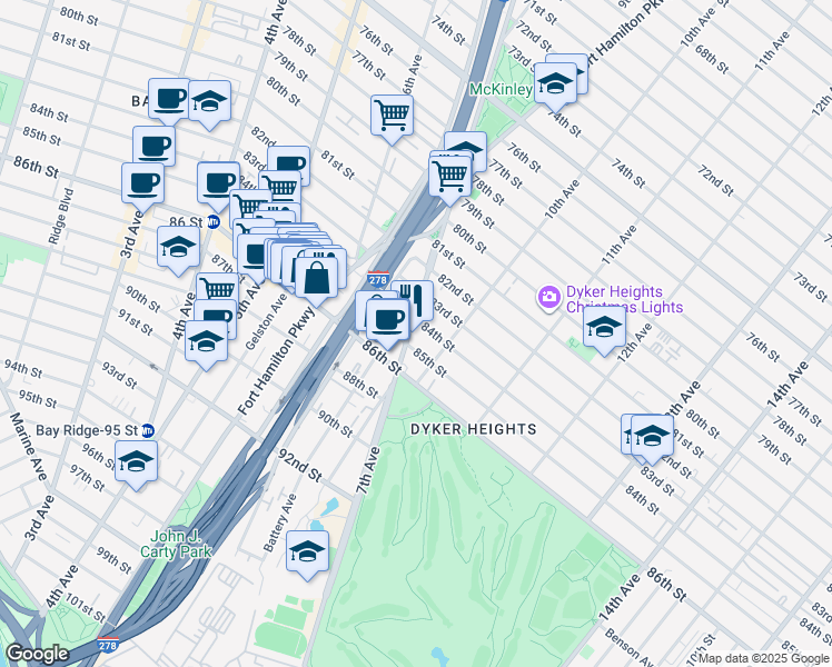 map of restaurants, bars, coffee shops, grocery stores, and more near 8411 7th Avenue in Brooklyn