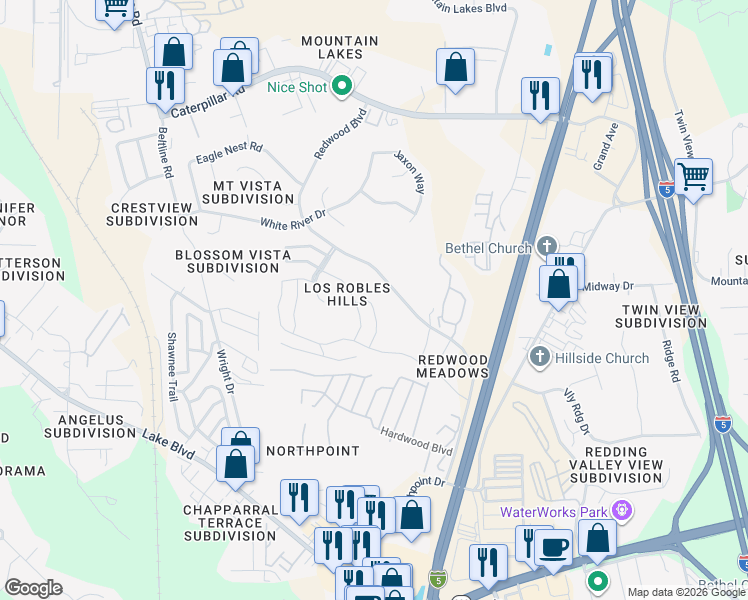 map of restaurants, bars, coffee shops, grocery stores, and more near 878 Redwood Boulevard in Redding
