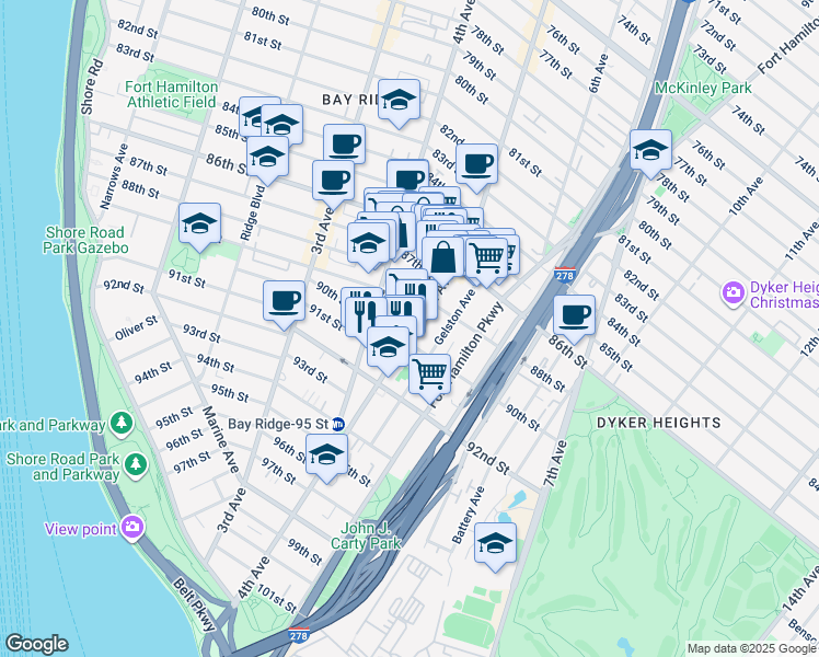 map of restaurants, bars, coffee shops, grocery stores, and more near 428 89th Street in Brooklyn