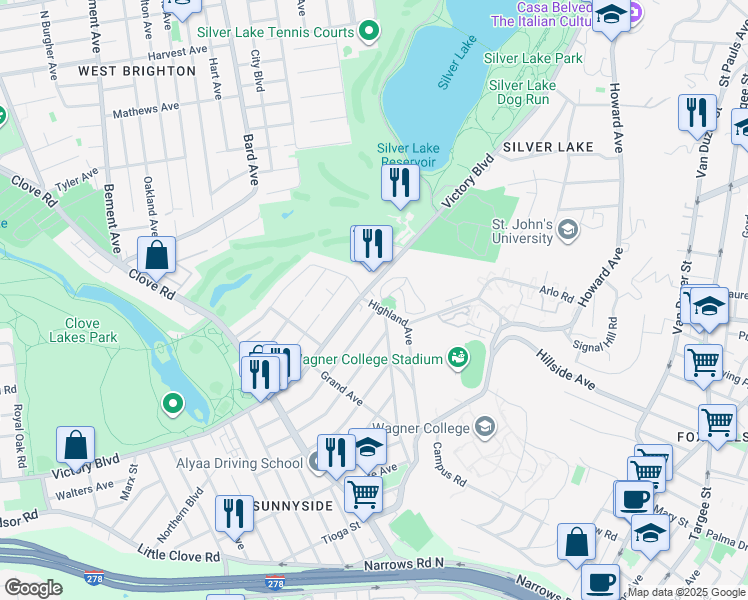 map of restaurants, bars, coffee shops, grocery stores, and more near 982 Victory Boulevard in Staten Island