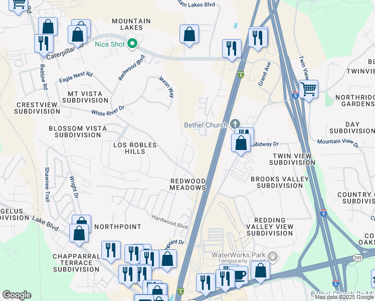 map of restaurants, bars, coffee shops, grocery stores, and more near 701 Redwood Boulevard in Redding