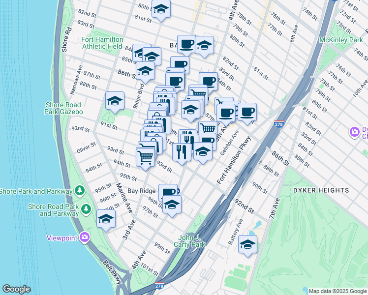 map of restaurants, bars, coffee shops, grocery stores, and more near 373 91st Street in Brooklyn