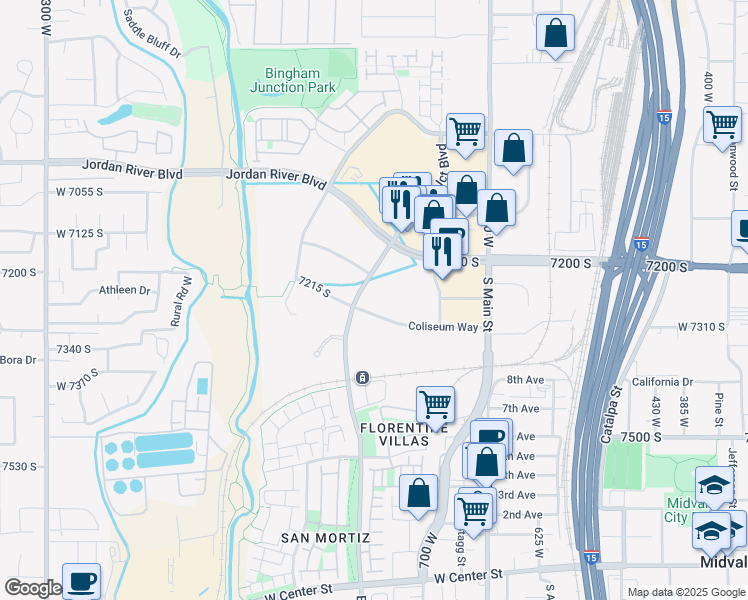map of restaurants, bars, coffee shops, grocery stores, and more near 7259 Bingham Junction Boulevard in Midvale