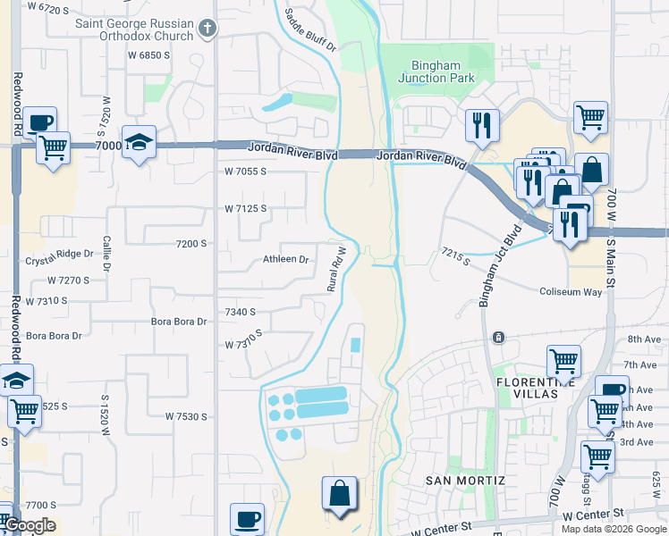 map of restaurants, bars, coffee shops, grocery stores, and more near Rural Road South in West Jordan